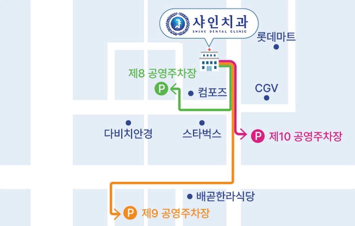 샤인치과 기준 배곧 제8·9·10 공영주차장 경로 안내 지도