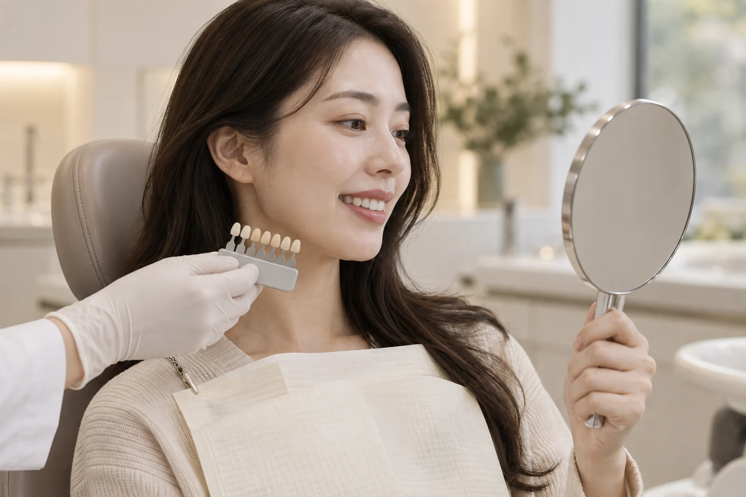 거울과 치아 색상표로 미소를 살펴보는 상담 이미지