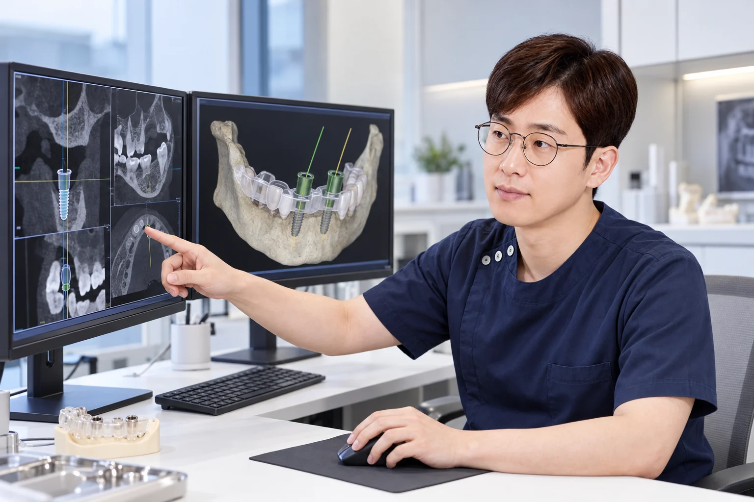 남호진 대표원장이 CT와 3D 턱 영상을 보며 가이드 임플란트 위치를 계획하는 장면