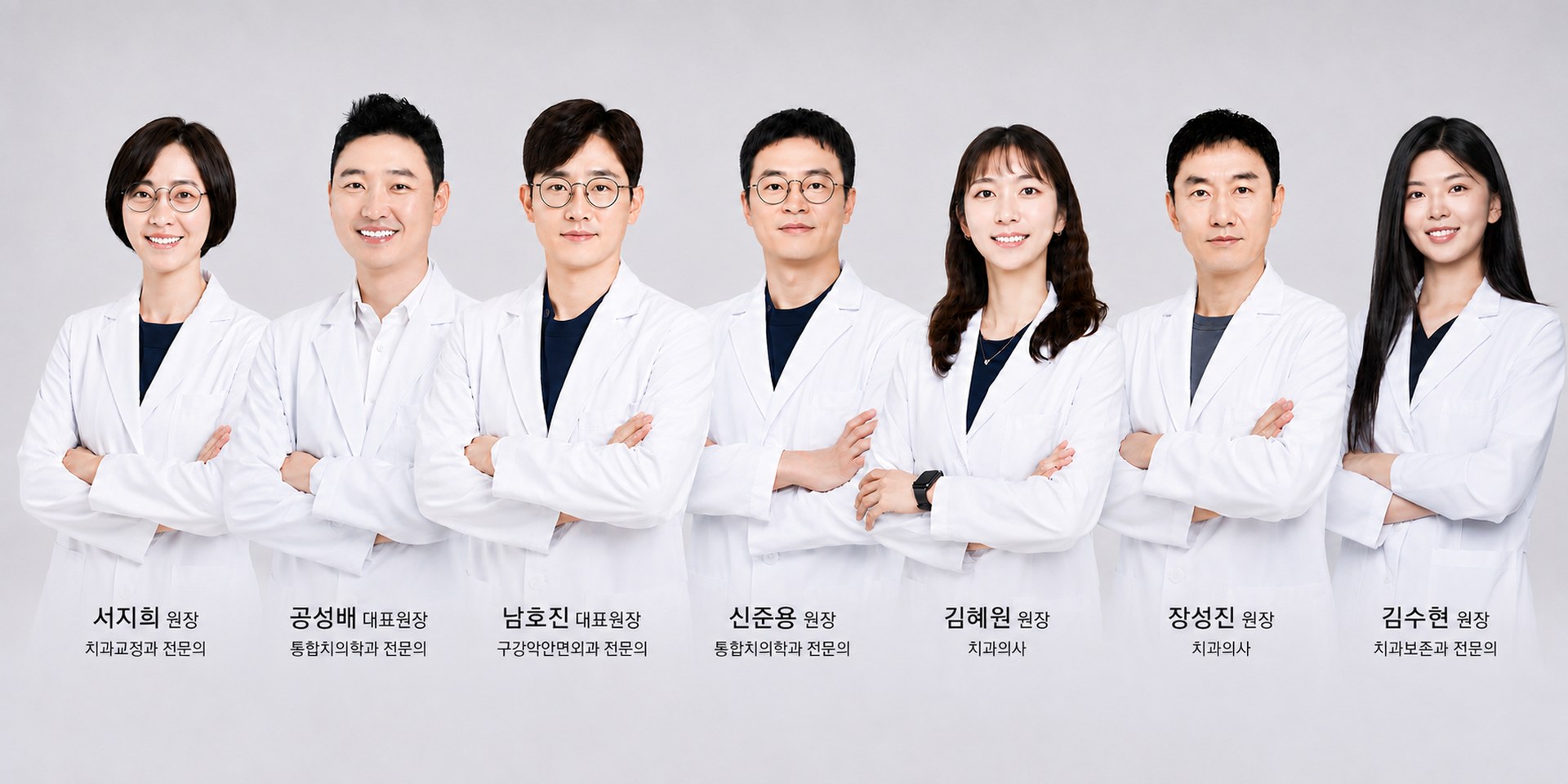 배곧샤인치과의원 의료진 단체사진 — 서지희 원장, 공성배 대표원장, 남호진 대표원장, 신준용 원장, 김혜원 원장, 장성진 원장, 김수현 원장
