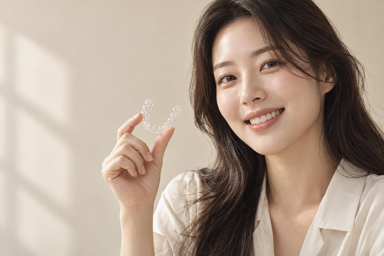 투명 교정장치를 들고 미소 짓는 모델 이미지