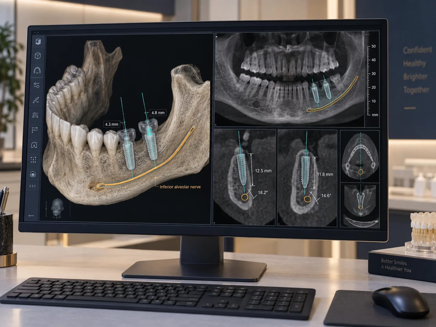CBCT 단면과 3D 턱뼈 영상에서 임플란트 위치와 신경관 거리를 계획하는 화면